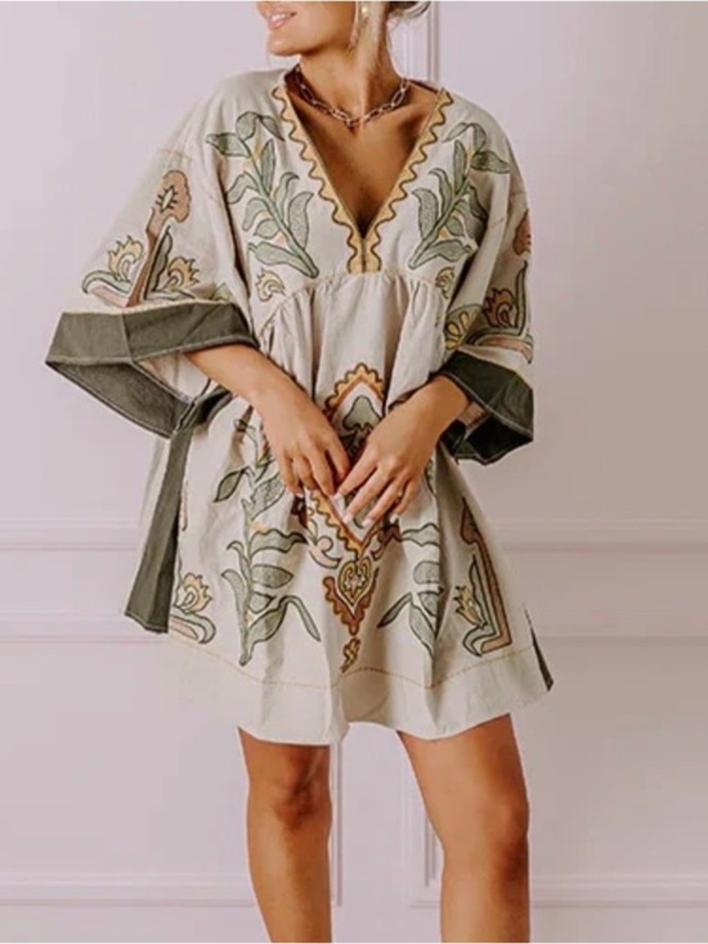 SUNDAY UP L Desert Days Embroidered V Neck Half Sleeve Babydoll Dress
